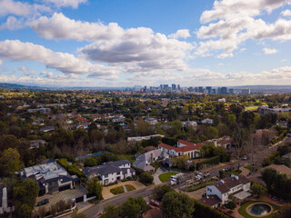 Aerial Views over Brentwood, looking towards downtown Los Angeles.