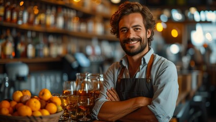 A bartender stands in front of the counter with his arms crossed in a restaurant