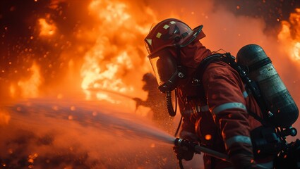 Firefighters wearing fire suits and helmets are extinguishing a burning building