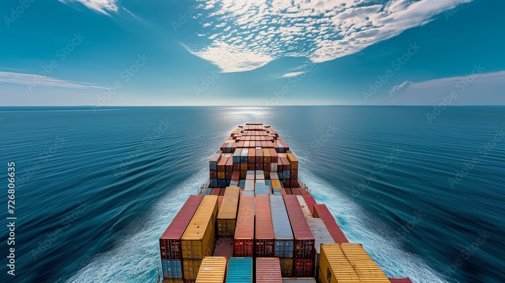 Wall mural aerial view of a large cargo ship filled with colorful containers traversing the expansive blue ocea