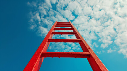 Red Ladder Leaning Against a Blue Sky With Clouds