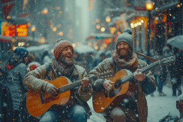 Two musicians brave the cold, strumming their guitars in the wintry streets, their melodies blending with the falling snow and their warm clothing keeping them in perfect harmony