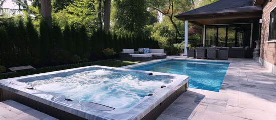 Backyard hot tub accompanies residential outdoor swimming pool.