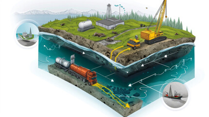 A diagram showcasing the process of bioremediation where naturally occurring microorganisms are used to break down and clean up oil spills.