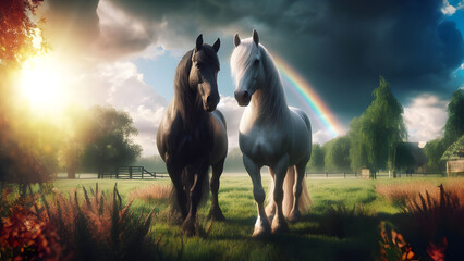Majestic Equines at Dawn - AI Generated Illustration Realistic