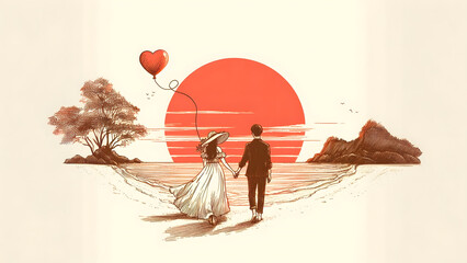 Valentine's Day, Sunset Embrace - AI Generated Illustration