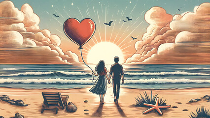 Valentine's Day, Sunset Embrace - AI Generated Illustration, Realistic