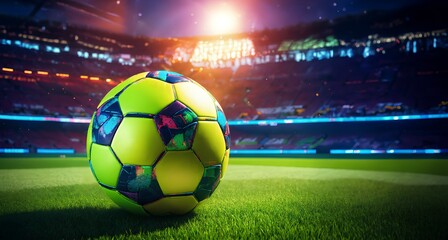 Naklejka premium 夜のスタジアム、フィールドにサッカーボール。コピースペースの背景。｜Soccer ball in sports field in stadium at night.Background with copy space. Generative AI 