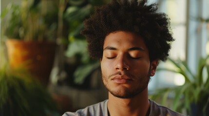 A young man sitting in a yoga pose his eyes closed and his mind focused on the present moment.
