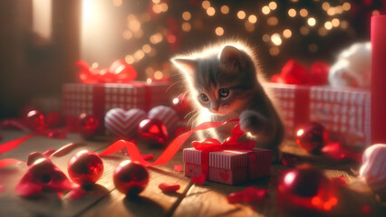 Valentine's Day, A Kitten&rsquo;s Christmas Surprise - AI Generated Illustration, Realist