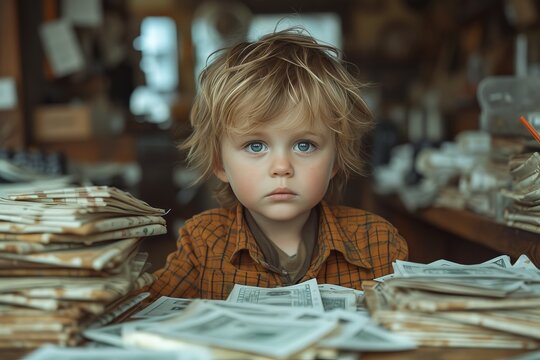 A curious toddler eagerly flips through a book, their small hands grasping the pages as they sit at a cluttered table surrounded by scattered papers and colorful clothing, lost in the world of imagin
