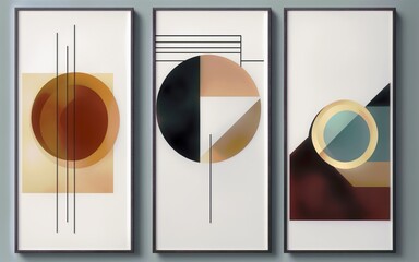Combination of geometric shapes in three abstract paintings