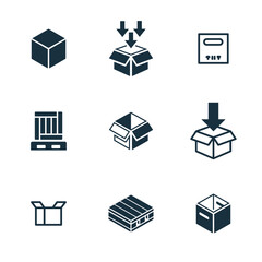 Fototapeta na wymiar 9 icons set on white background. online delivery service business. Parcel container, packaging boxes, web design for applications.