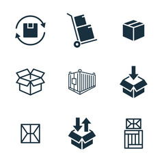 Fototapeta na wymiar 9 icons set on white background. online delivery service business. Parcel container, packaging boxes, web design for applications.