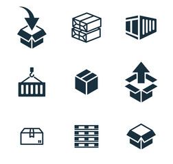 9 icons set on white background. online delivery service business. Parcel container, packaging boxes, web design for applications.