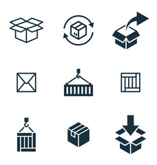 9 icons set on white background. online delivery service business. Parcel container, packaging boxes, web design for applications.