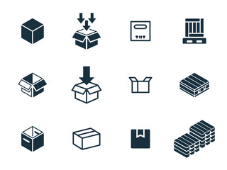 12 icons set on white background. online delivery service business. Parcel container, packaging boxes, web design for applications.