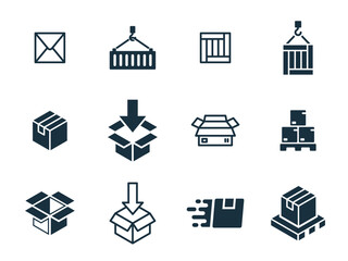 12 icons set on white background. online delivery service business. Parcel container, packaging boxes, web design for applications.