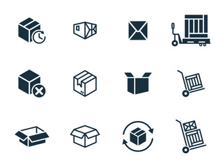 12 icons set on white background. online delivery service business. Parcel container, packaging boxes, web design for applications.