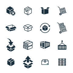 Mini 16 icons set on white background. online delivery service business. Parcel container, packaging boxes, web design for applications.