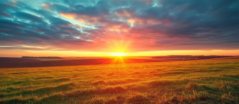 High quality photo of autumn sunset with green winter crops in the field.