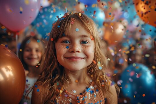 A joyful group of young partygoers adorned with colorful confetti, sporting wide smiles on their human faces as they hold balloons and don playful clothing, captured in a lively portrait of childhood