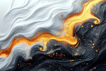 Luxurious abstract fluid art painting in the technique of alcohol ink, a mixture of black, white and gold paints. Imitation of a marble cut