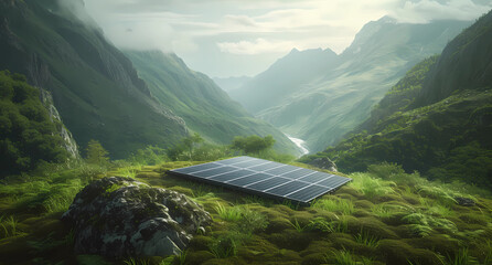 a solar panel sits on top of grass in a valley
