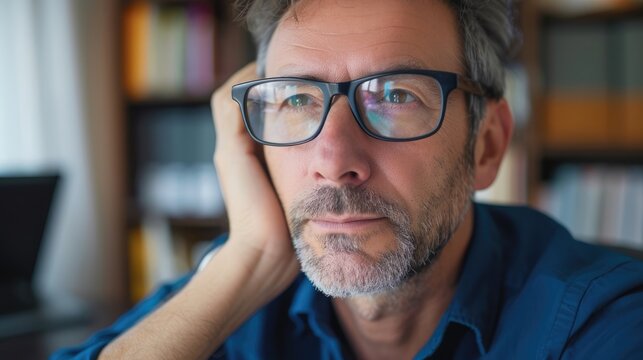 A middleaged man with ADHD fidgets in his seat trying to stay focused on his online cl.