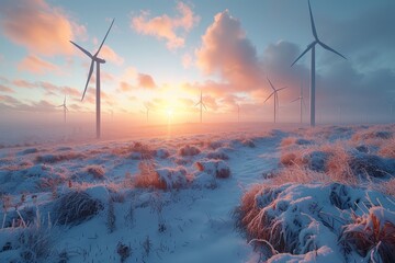 As the sun sets over a snow-covered landscape, windmills stand tall against the winter sky, their turbines spinning with the force of the icy wind