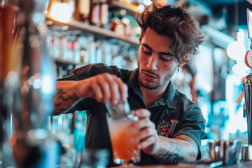 bartender mixing a drink in a bar with a shaker and a cool look on their face and a shirt with a logo on their chest - obrazy, fototapety, plakaty
