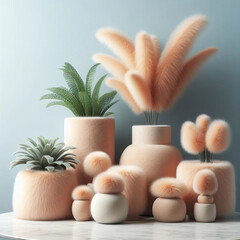 Plant pots with peach fuzz-colored plants on a smooth bluish background
