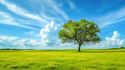 Fototapeta na wymiar Lone Tree in Vibrant Green Field