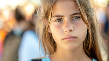A teenage girl with a serious expression on her face participating in a protest to raise awareness and advocate for the rights of those seeking asylum.