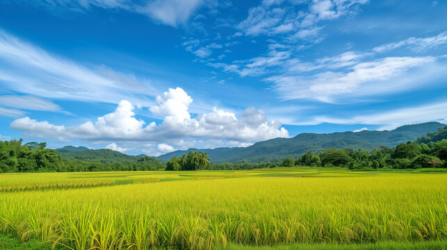 Breathtaking View of Lush Green Rice Field with Blue Sky