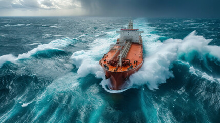 A mive oil tanker navigates through the rough waves of the open sea adhering to strict international regulations for the transport of oil and gas. - obrazy, fototapety, plakaty