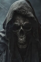 An illustration of the hooded grim reaper in a realistic look. Close-up of the grim reaper's hooded skull shrouded in shadow. Personification of the figure of death.