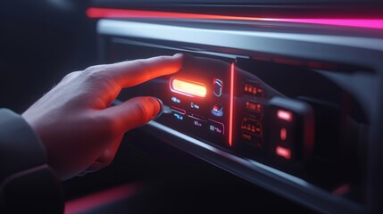 Macro shot of a users hand scrolling through a futuristic control panel on a touchscreen embedded into the door handle of a car allowing for easy access to various features