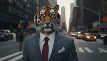 Tiger man dressed in dark blue suit and red tie. businessman on Wall Street. concept for marketing king and broker, advertising or artistic purposes.