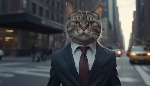 Cat man dressed in dark blue suit and red tie. businessman on Wall Street. concept for marketing king and broker, advertising or artistic purposes.