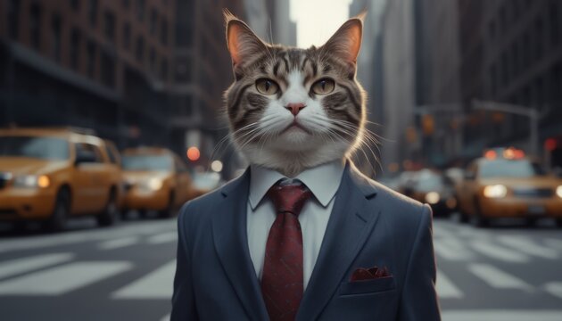 Cat man dressed in dark blue suit and red tie. businessman on Wall Street. concept for marketing king and broker, advertising or artistic purposes.