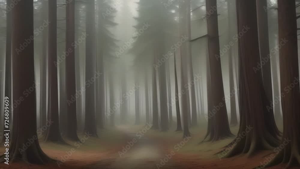 Poster a mysterious foggy forest with a winding path and towering trees.