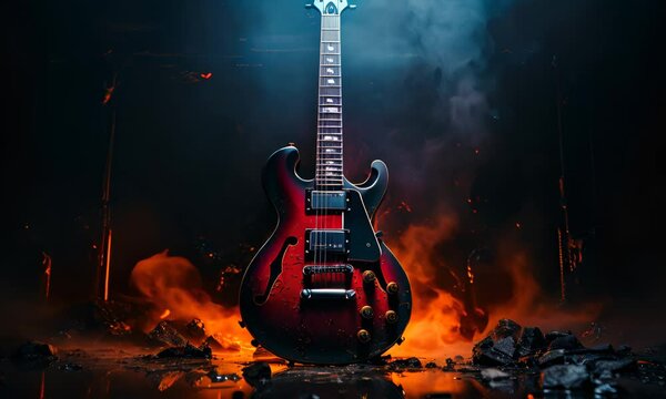 A red and black electric guitar with smoke and embers against a dark backdrop.