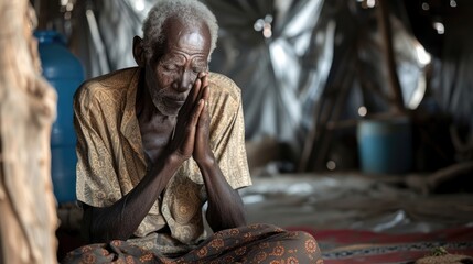 An elderly man sits in a makeshift shelter his eyes closed in prayer as he yearns for a better future for his family. - obrazy, fototapety, plakaty