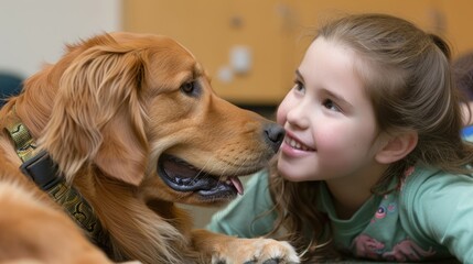 A young girl with autism her face lit up in excitement as she interacts with a therapy dog.