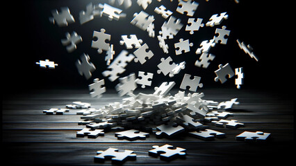 Falling White Puzzle Pieces on Dark Background