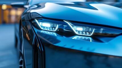 Closeup of the headlights on a hybrid car featuring a builtin air purifying system that filters out...