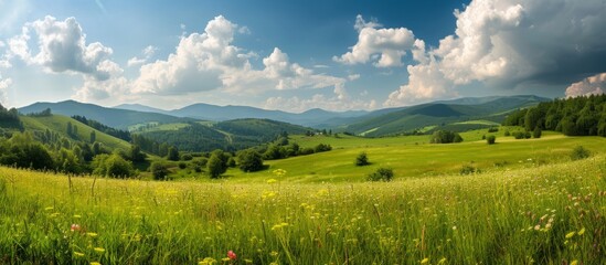 Picturesque carpathian countryside with blooming herbs, a green field, and fluffy clouds on a sunny day.