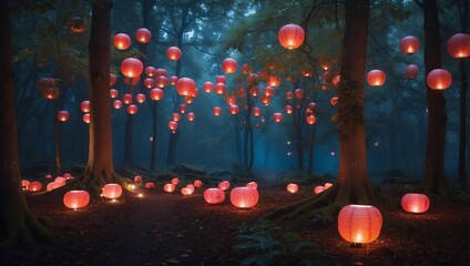 color photo of a dreamlike forest filled with floating lanterns,