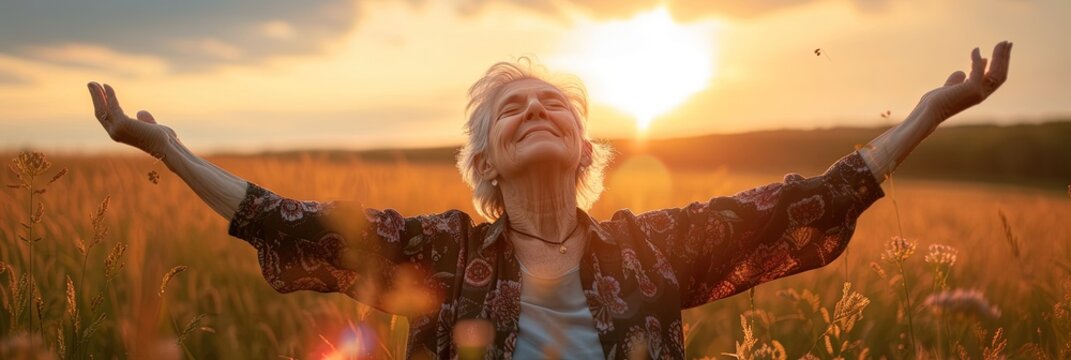 Older Woman Smiling With Arms Wide Open In An Open Field During Sunset